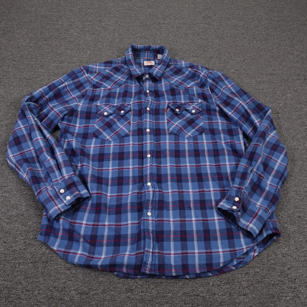 Levis Shirt Mens 2XL Blue Plaid Flannel Long Sleeve Western Snap Front Casual